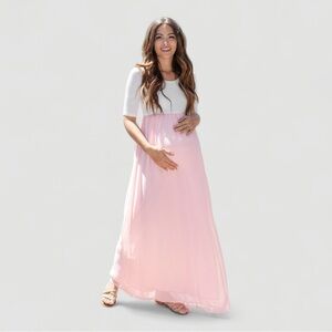 PinkBlush Light Pink Chiffon Colorblock Maternity Maxi Dress l Petite Small